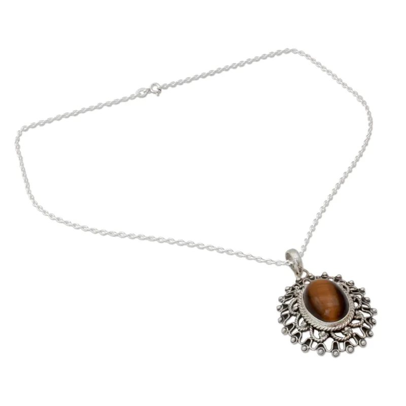 Handgefertigte Halskette aus Sterlingsilber mit Tigerauge-Anhänger, echter Edelstein, Bohemian-Schmuck, Geschenk für sie, Valentinstagsgeschenk