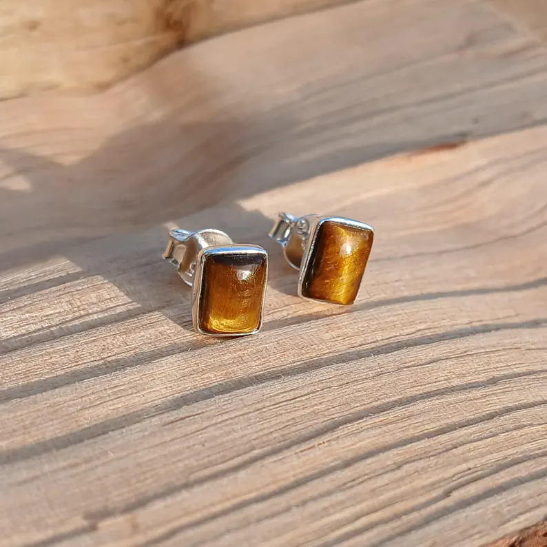Rechteckige Tigerauge-Ohrstecker aus 925er Sterlingsilber, Edelstein-Ohrstecker, Ohrstecker im antiken Stil, Geschenk für sie, zarte Ohrstecker, Boho-Schmuck