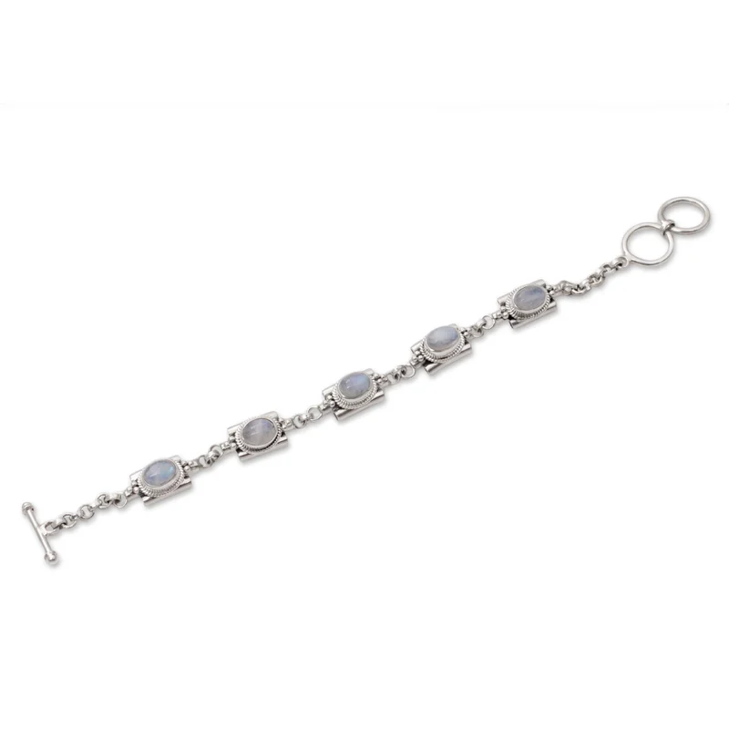 Misty Domes 925 Sterling Silber Regenbogen Mondstein Gliederarmband Geburtstagsgeschenk für Mädchen Charmanter Schmuck Valentinstagsgeschenk für Sie