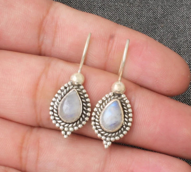 Massive 925 Sterling Silber Natürliche Regenbogen-Mondstein Ohrringe für Frauen Handgemachte Tropfenförmige Edelstein Hochzeits-Ohrringe Geschenke für sie Schmuck