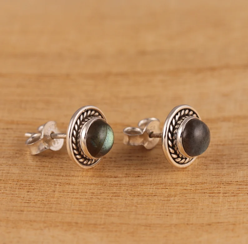 Natural Labradorite Stud Earrings 925 Sterling Silver Boho Earrings Gemstone Stud Earring Silver Stud Earrings Handmade Gift For Her