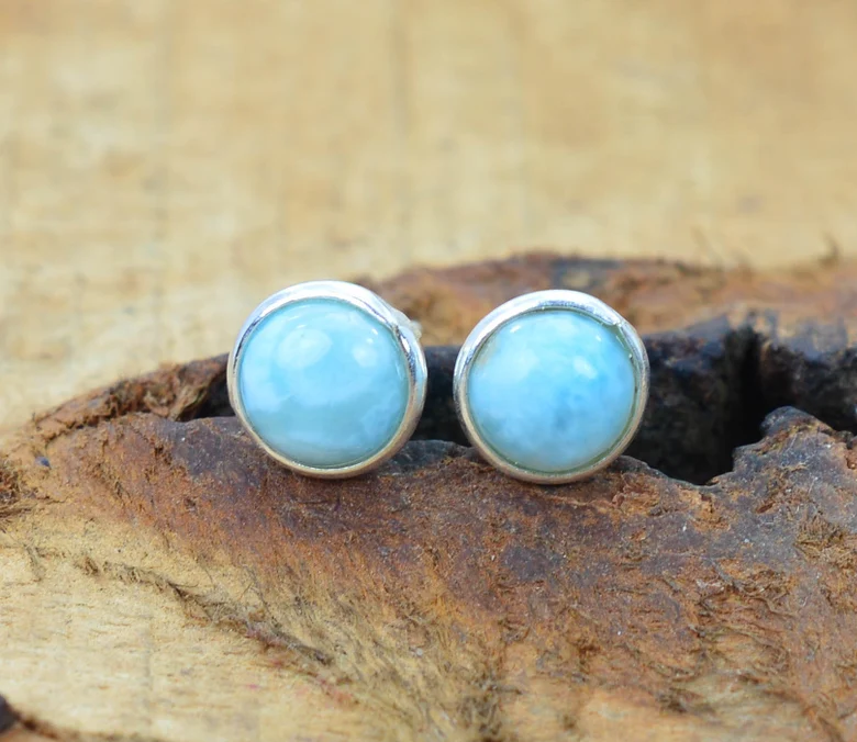 Blauer Larimar 925 Sterling Silber handgemachter Ohrstecker natürlicher Edelstein handgemachter Schmuck Geschenk zum Geburtstag