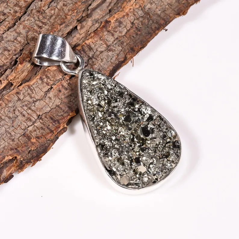 Pyrit-Anhänger Pyrit-Druzy-Edelstein-Anhänger Silberanhänger Damen Zierliche Halskette Handgefertigter Silber-Pyrit-Schmuck Geburtstagsgeschenk für sie