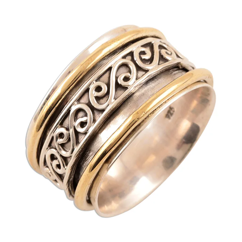 Sterlingsilber- und Messing-Spinner-Ring aus Indien Handgefertigter Ring Silberschmuck Böhmischer zarter Ring Geschenk für sie Geschenkidee
