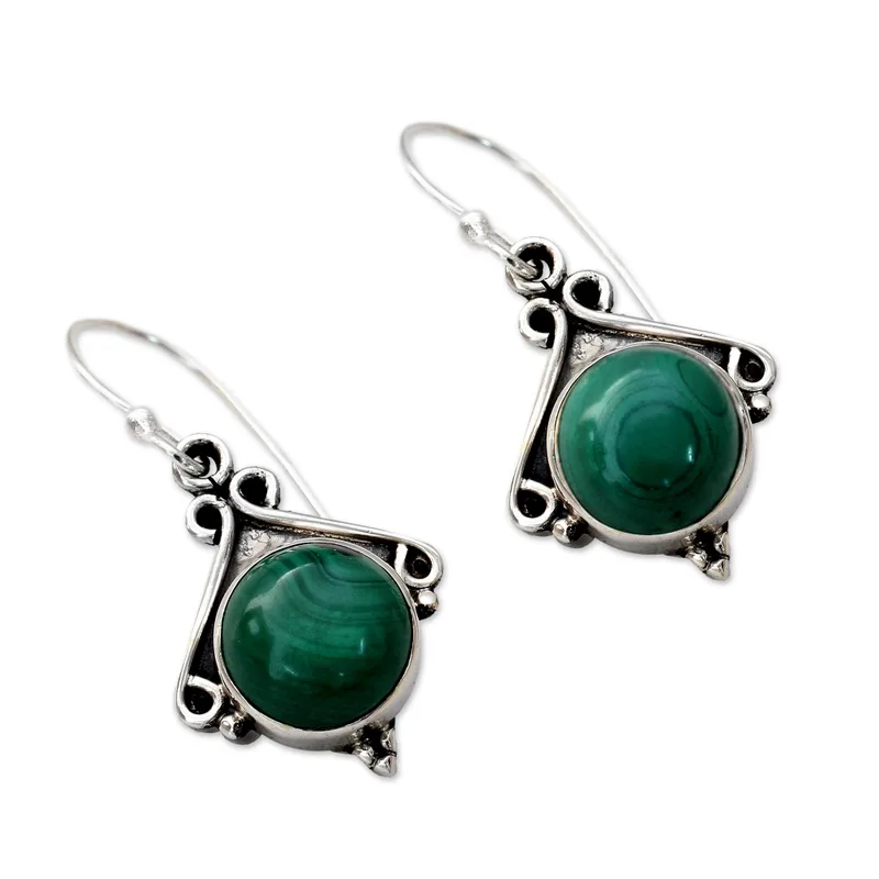 Forest Charm 925 Sterling Silver and Malachite Dangle Earrings Elegant Earring Round Shape Earring Handmade Jewelry Gift For Her
