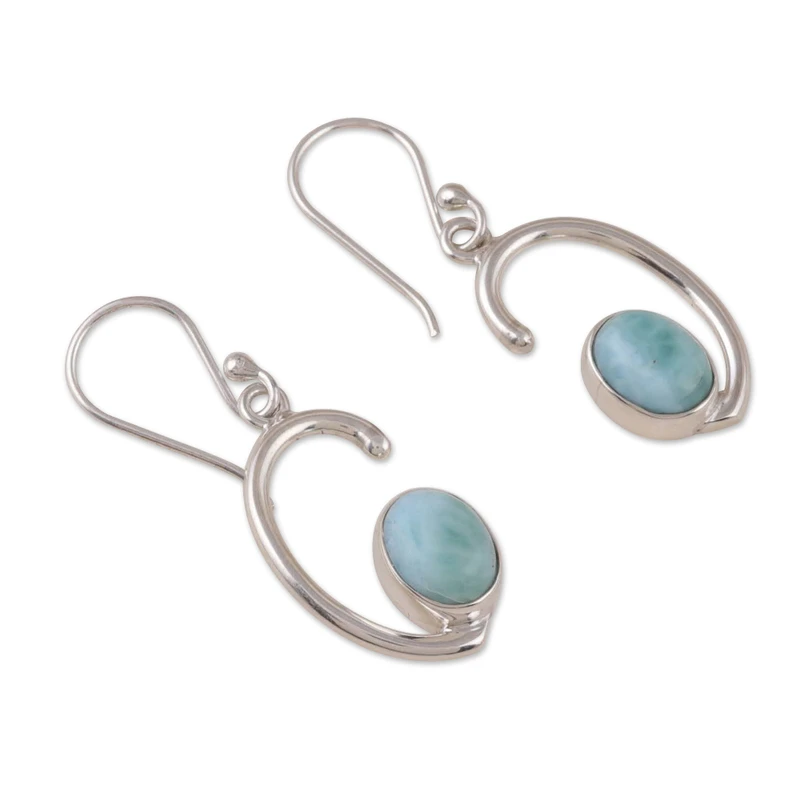 Halbmond Ohrhänger mit natürlichen Larimar Steinen 925 Sterling Silber Edelstein Ohrringe Handgemachte Boho Ohrringe Geschenk für Sie