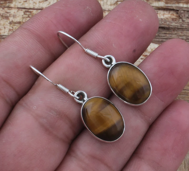 Ohrringe aus massivem 925er Sterlingsilber mit Tigerauge für Damen, handgefertigt, ovale Edelstein-Silberohrringe, Geschenke zum Muttertag, Alltags-Schmuck