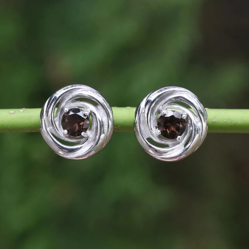 Sterling Silver Smoky Quartz Studs Earrings Trendy Gift For Her Women Minimalist Gemstone Jewelry Gift For Her