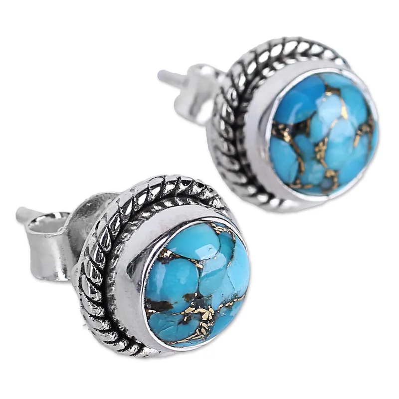 Ronde turkooizen en sterling zilveren oorknopjes Turkooizen sieraden handgemaakte Boheemse sieraden cadeau voor haar