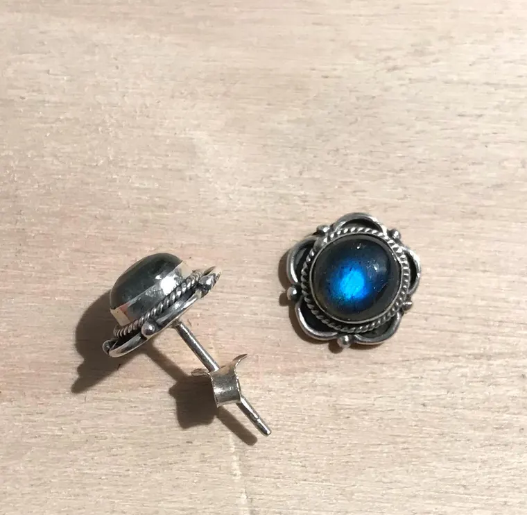 Blumen Ohrstecker Labradorit Ohrstecker Ohrringe 925 Sterling Silber Ohrringe Runde Edelstein Ohrstecker Blauer Feuer Edelstein Ohrstecker Geschenk für Sie Geschenkideen