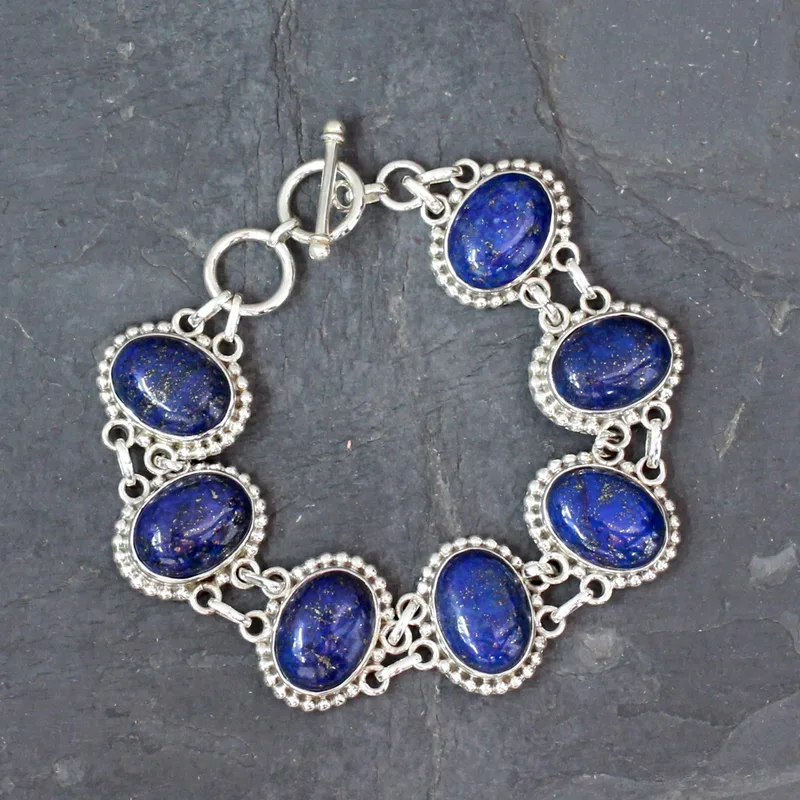 Lapis Lazuli Schakel Armband 925 Sterling Zilver Boheemse Sieraden Charmant Sieradengeschenk Voor Haar