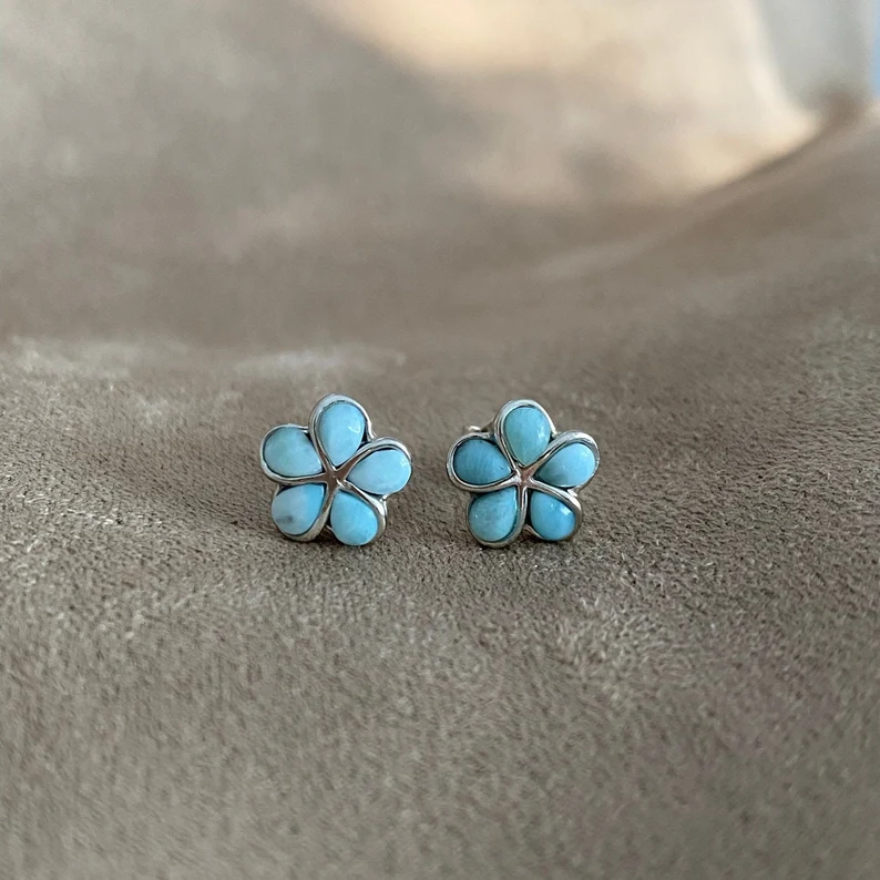 Ohrstecker Natürliche Larimar Blumenohrringe Sterling Silber Ohrstecker Larimar Schmuck Geschenk Für Sie Blumenstecker