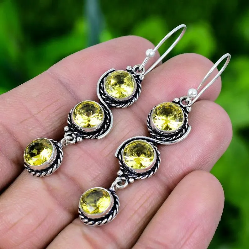 Zitronenquarz Edelstein 925 Sterling Silber Ohrring Frauen Massivsilber Ohrring Handgemachter Boho Zarter Ohrring Geschenk für sie