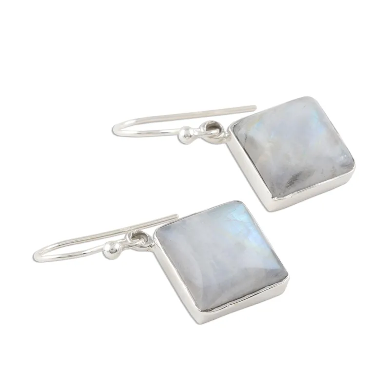 Quadratische Regenbogen-Mondstein-Ohrringe 925 Sterlingsilber Ohrringe Handgefertigte Edelstein-Ohrringe Geschenk für Sie