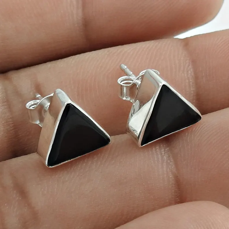 Schwarze Onyx Dreieck Ohrringe Dreieck Ohrstecker Schwarzer Stein Ohrring 925 Sterling Silber Ohrstecker