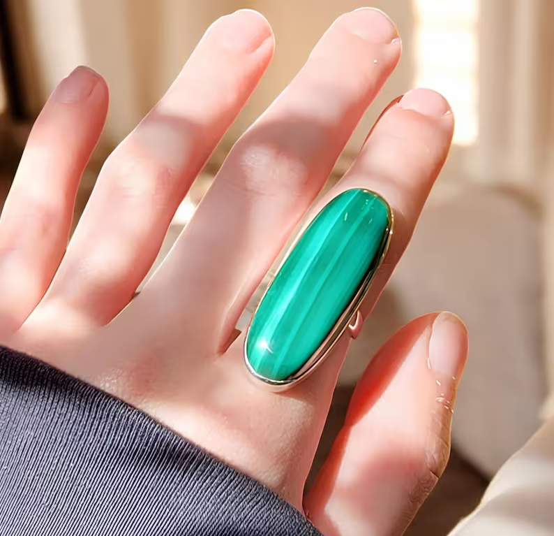 Large Malachite Statement Handcrafted Ring 925 Sterling Silver Gemstone Ring Boho Style Jewelry Handmade Natural Malachite Ring