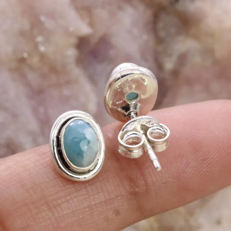 Massive 925er Sterling Silber Ohrstecker Larimar Edelstein Ohrringe Alltags-Ohrringe Minimalistische Besondere Ohrringe Perfektes Geschenk für Sie
