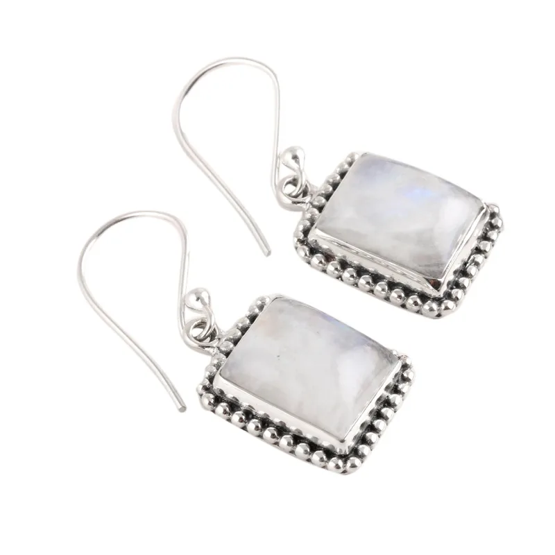 925 Sterlingsilber Ohrring Quadratische Regenbogen-Mondstein Ohrringe Handgemachte Edelstein Ohrringe Geschenk Für Sie