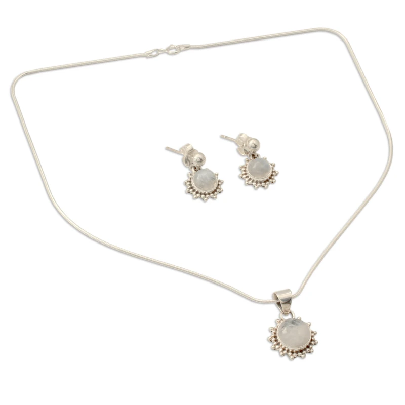 Regenbogenmondstein Anhänger & Ohrringe Schmuckset 925 Sterling Silber Handgefertigter Böhmischer Schmuck Jahrestagsgeschenk für Sie