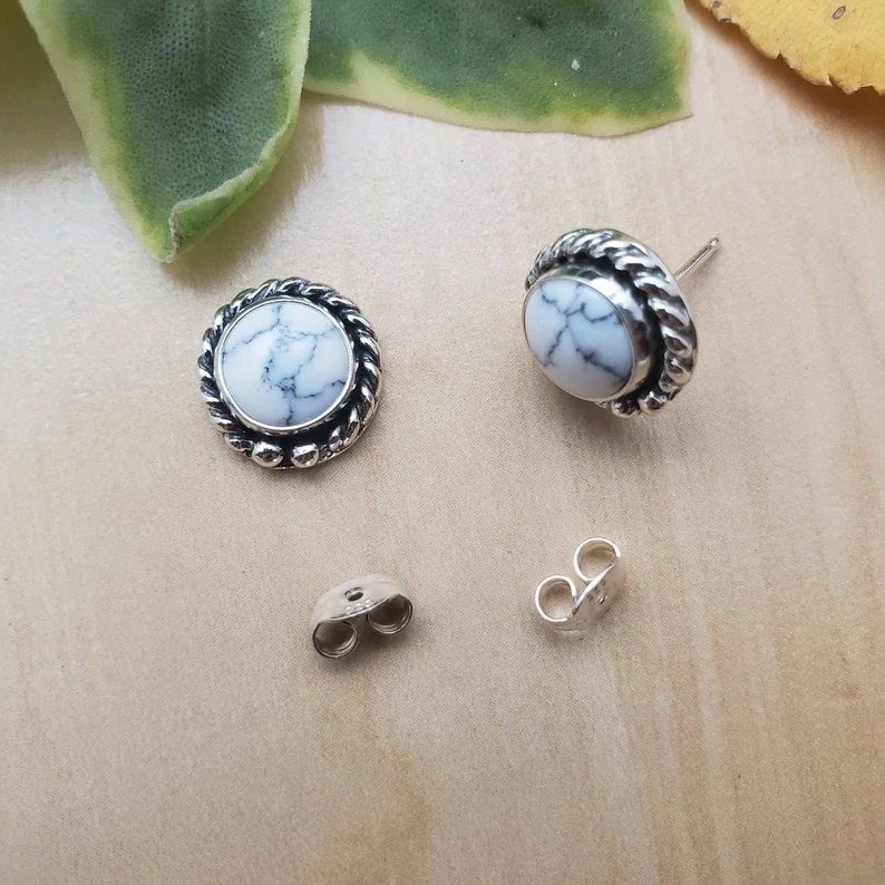 So Cute Handmade Silver Studs Earrings Handcrafted Stud Earrings Bohemian Minimalistic Howlite Jewelry 925 Sterling Silver Gift For Her