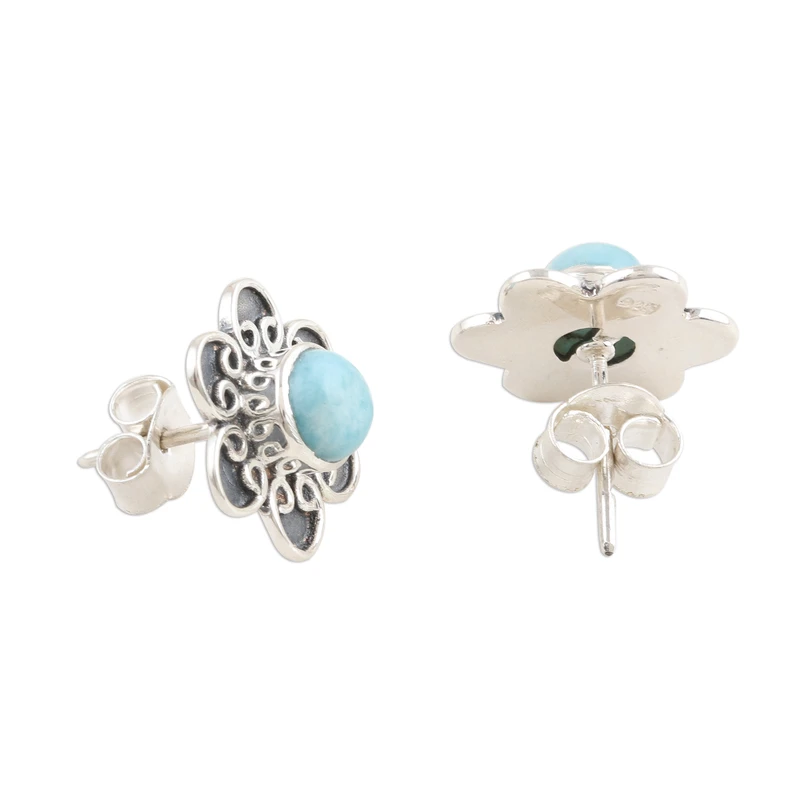 Oorknopjes Bloemknoop Larimar 925 Sterling Zilver Edelsteen Oorbellen Handgemaakte Boheemse Sieraden Cadeau voor haar