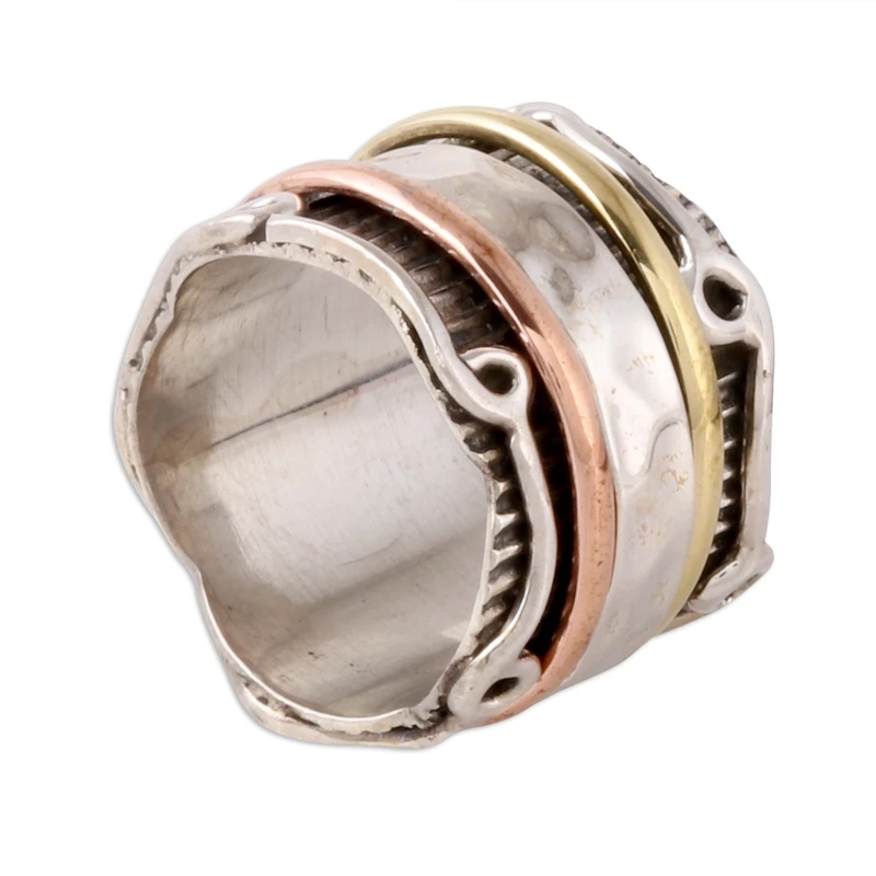 Sterlingsilber Spinner Ring mit Messing und Kupfer Handgemachter Ring Silberschmuck Böhmischer Zierlicher Ring Geschenk Für Sie Geschenkidee