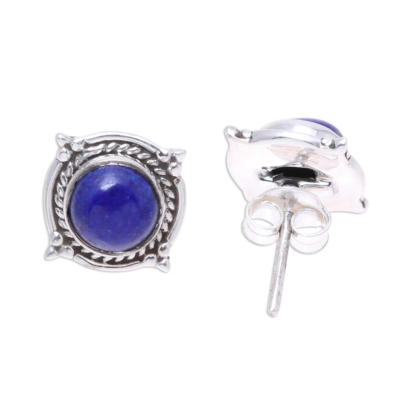 Runde Lapislazuli-Edelstein-Ohrstecker aus 925er Sterlingsilber, handgefertigte Ohrstecker für den Alltag, Geburtstagsgeschenk für sie