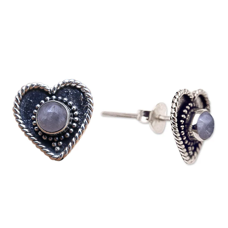 Regenbogen Mondstein Ohrstecker mit Herz 925 Silber Ohrstecker Handgemachte Ohrstecker Mondstein Ohrstecker Mondstein Schmuck Einzigartiger Geschenkartikel