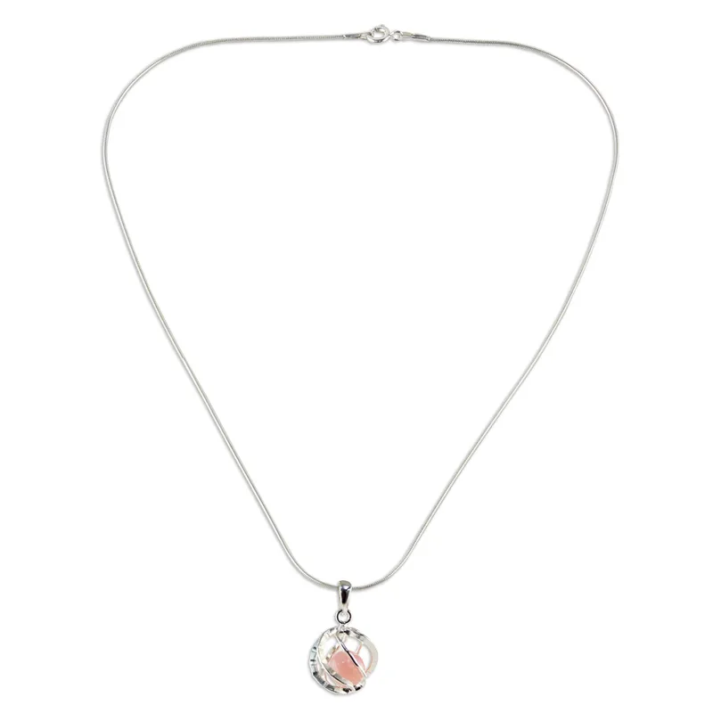 Rosa Energiekugel 925 Sterling Silber Anhänger Halskette mit Rosenquarz Halskette für Damen Handgemachte Boho Halsketten Geschenke für Sie