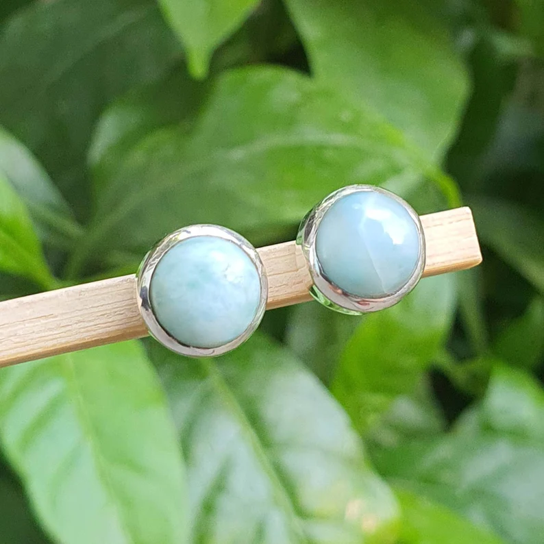 Runde blaue Larimar-Ohrstecker für Damen und Herren, Sterlingsilber-Ohrstecker, Naturstein, Geschenk für Sie