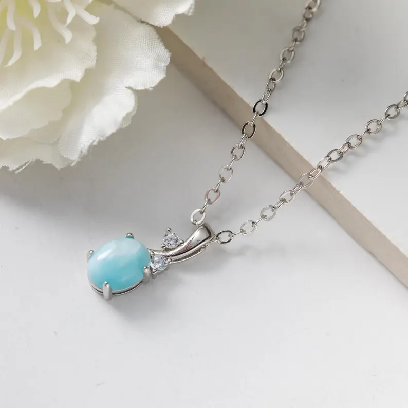 Larimar-Anhänger-Halskette Minimalistische Larimar-Edelsteinkette Blaue Larimar-Halskette Weihnachtsgeschenk für Mutter Sterling-Silber-Halskette