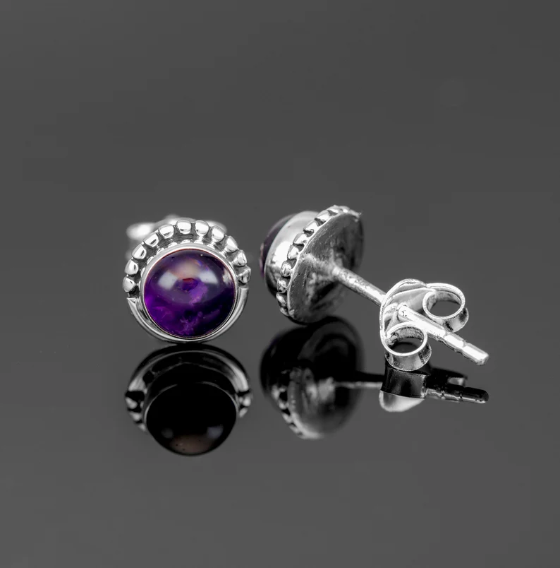 Mooie 925 Sterling Zilveren Paarse Amethist Oorknopjes Ronde Edelsteen Handgemaakte Boheemse Sieraden