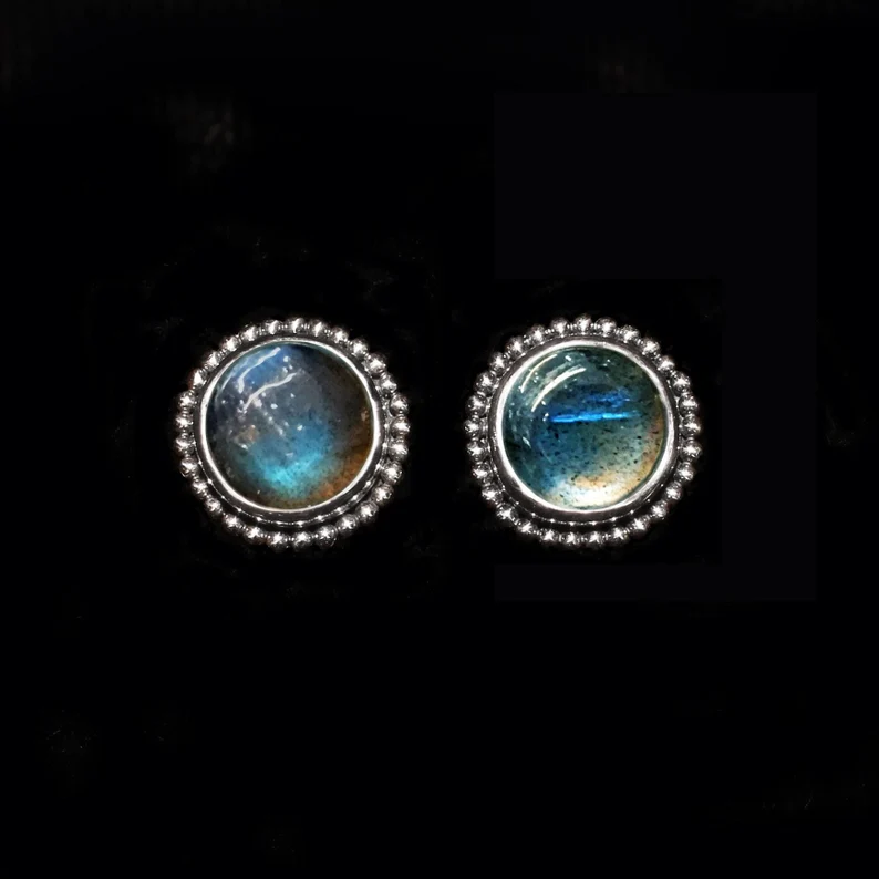 Ronde Labradoriet 925 Massief Sterling Zilveren Edelsteen Stud Oorbellen Handgemaakte Sieraden Dames Sieraden Cadeau Voor Verjaardag Boheemse Sieraden