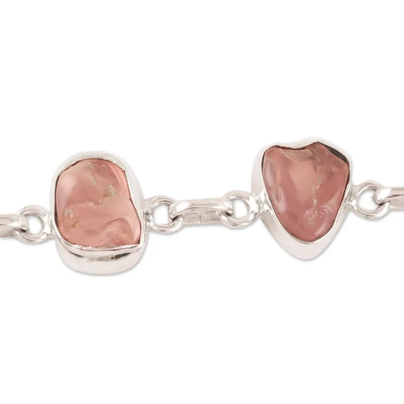 Rose Quartz Nugget Link Bracelet 925 Sterling Silver Bohemian Jewelry Charming Jewelry Valentine Day Gift For Her