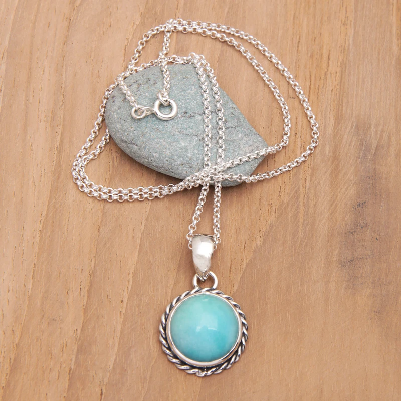 Halskette mit 925er Sterlingsilber-Anhänger mit Amazonit-Cabochon, handgefertigter Schmuck, böhmische Halsketten, Amazonit-Schmuck, Geschenk für sie, Geburtstagsgeschenk