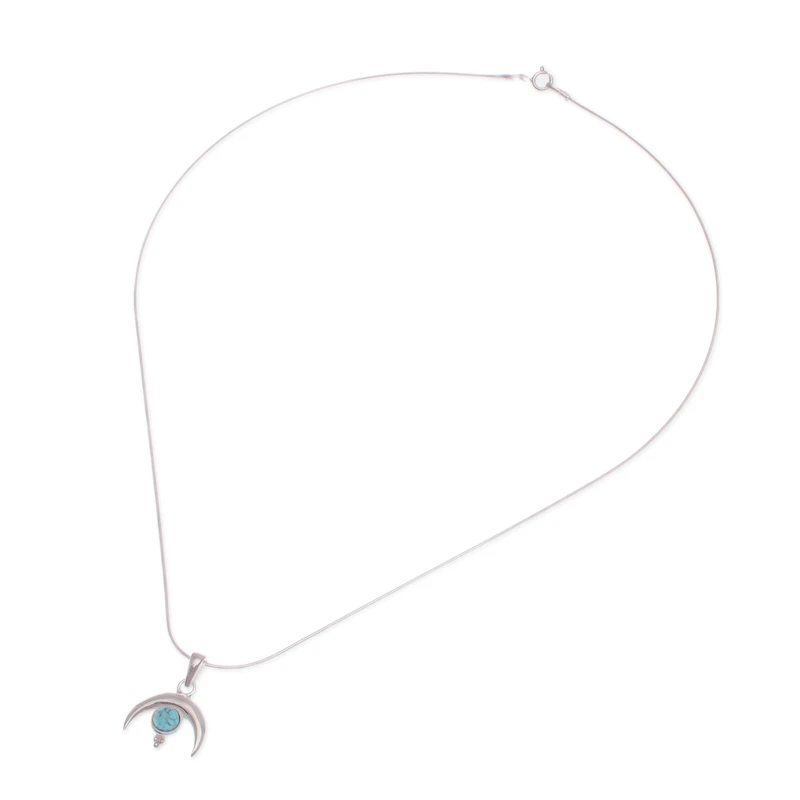 Mondförmige Halskette aus 925er Sterlingsilber mit natürlichem Türkis, wunderschöne Halskette, zarte Halskette, perfektes Muttertagsgeschenk, böhmischer Schmuck, Geschenk für sie