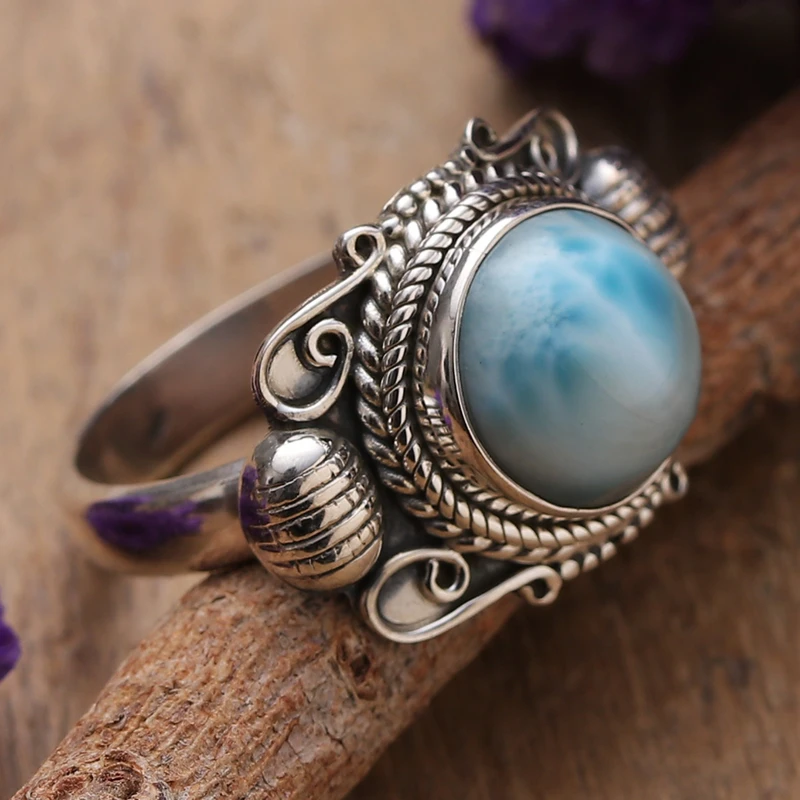 Traditioneller handgefertigter Larimar Cocktailring 925 Sterling Silber Zierlicher Ring Edelsteinring Damenring Geschenk für sie