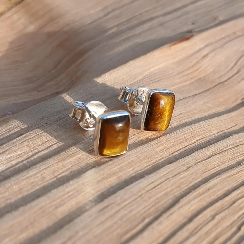 Rechteckige Tigerauge-Ohrstecker aus 925er Sterlingsilber, Edelstein-Ohrstecker, Ohrstecker im antiken Stil, Geschenk für sie, zarte Ohrstecker, Boho-Schmuck