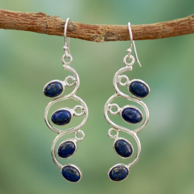 Handgemachte Designer Lotusknospen Sterling Silber und Lapislazuli Ohrringe Designer Ohrringe für Damen Handgefertigte Silberohrringe Schmuckgeschenke Artikel Geschenk für sie