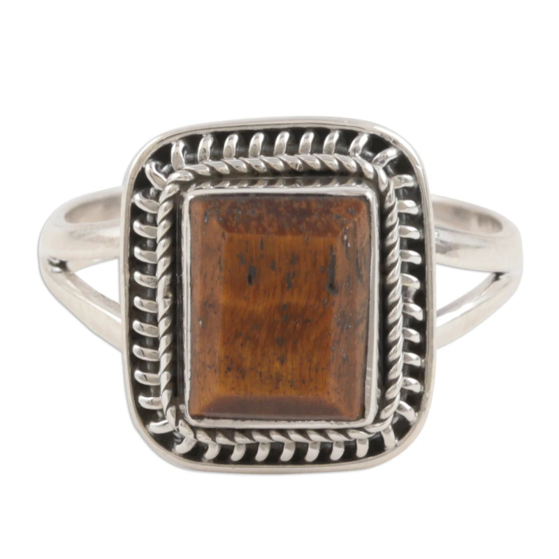 Handgefertigter Tigerauge Cocktailring 925 Sterling Silber Edelsteinring Gelber Bandring Hochzeitsgeschenk Ring für die Liebe Valentinstag Geschenk für Sie
