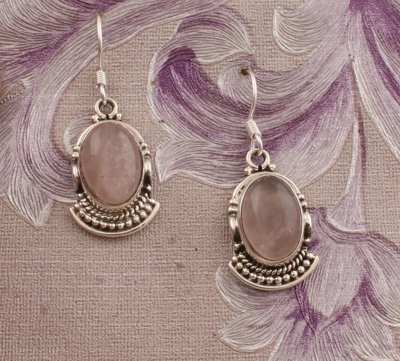 Rosenquarz Edelstein Ohrring 925 Sterling Silber Ohrringe Boho Rosa Oval Edelstein Geburtstag Geschenk Ohrring für Schwester Hochzeitsgeschenk