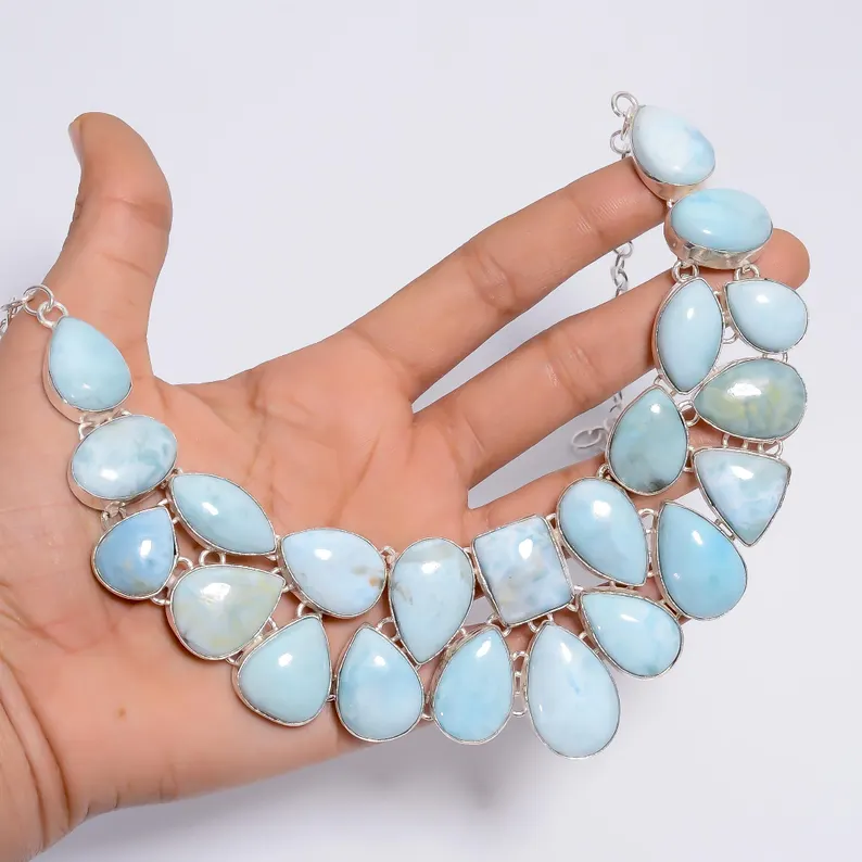 Larimar-Halskette 925 Sterling Silber Halskette Larimar Edelstein Halskette Choker Handgemachte Halskette Larimar Handgemachter Schmuck Geschenk für Liebe