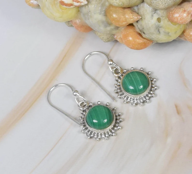 Grüner Malachit 925er Sterlingsilber Edelstein Ohrringe Eleganter Ohrring Runde Form Ohrring Handgemachter Schmuck Geschenk für Sie