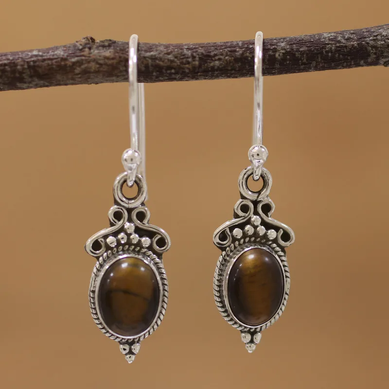 Charm-Ohrringe Tigerauge Ohrringe 925 Sterling Silber Handgemachte Edelstein Silber Tropfen Hängeohrringe Alltagsschmuck Geschenk für Sie