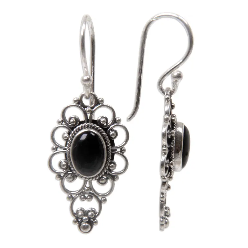 Blumen-Onyx-Ohrhänger aus Sterlingsilber, handgefertigte Ohrringe für Damen, Geschenke für Mama & Sie, Böhmischer Schmuck