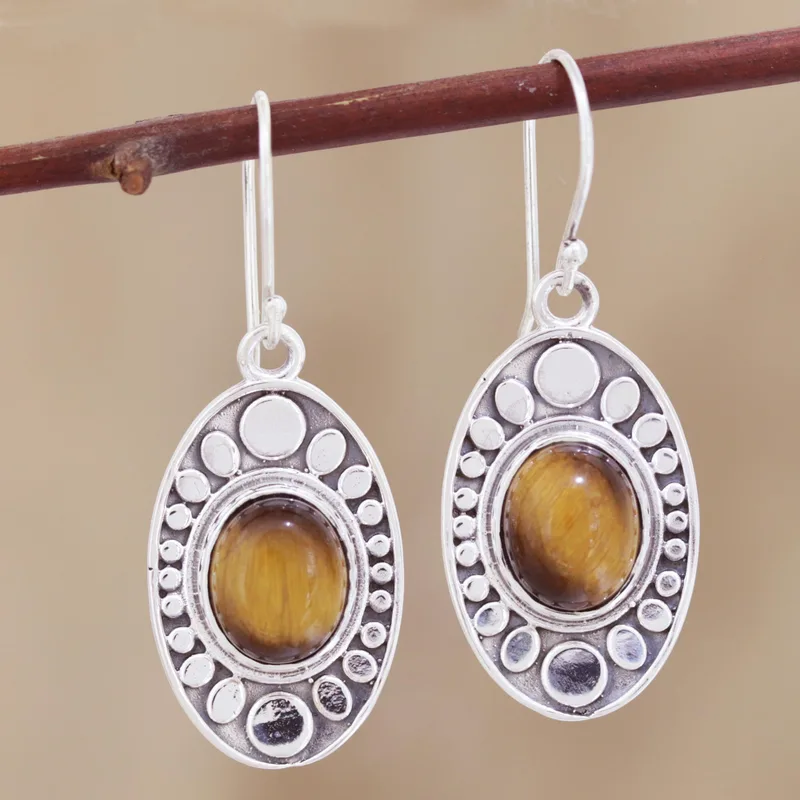 Ovale Schönheits-Tigerauge-Tropfen-Ohrringe 925 Sterling Silber Handgemachte Edelstein-Silberohrringe Geschenke zum Muttertag Alltagsschmuck Geschenk für sie