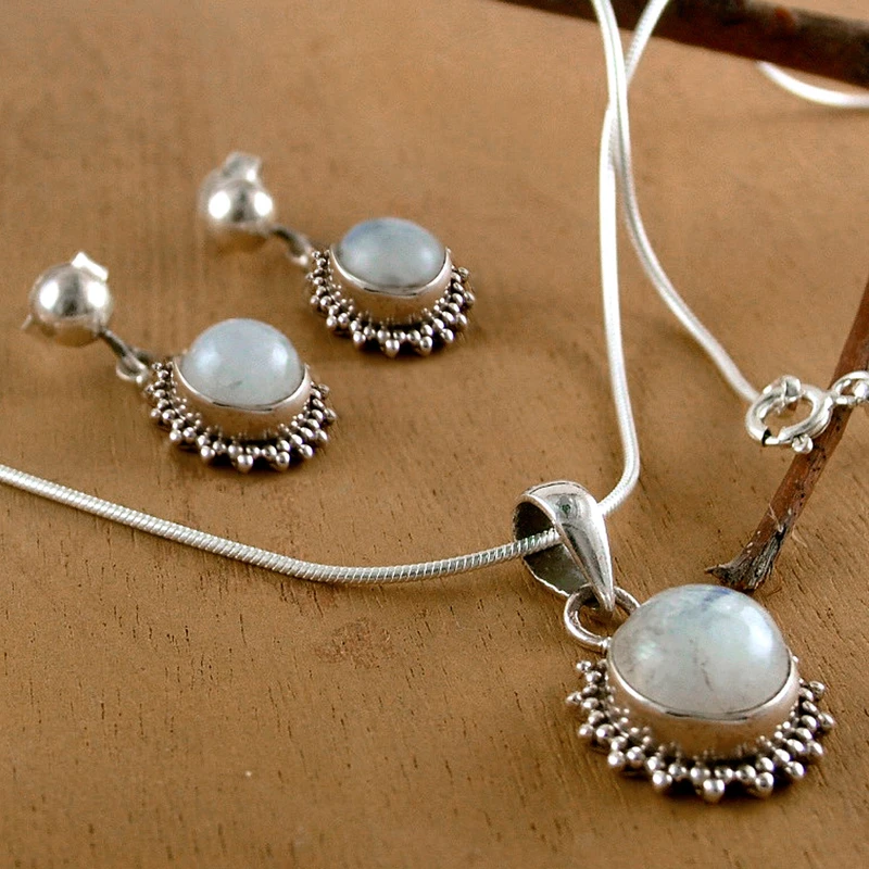 Regenbogenmondstein Anhänger & Ohrringe Schmuckset 925 Sterling Silber Handgefertigter Böhmischer Schmuck Jahrestagsgeschenk für Sie