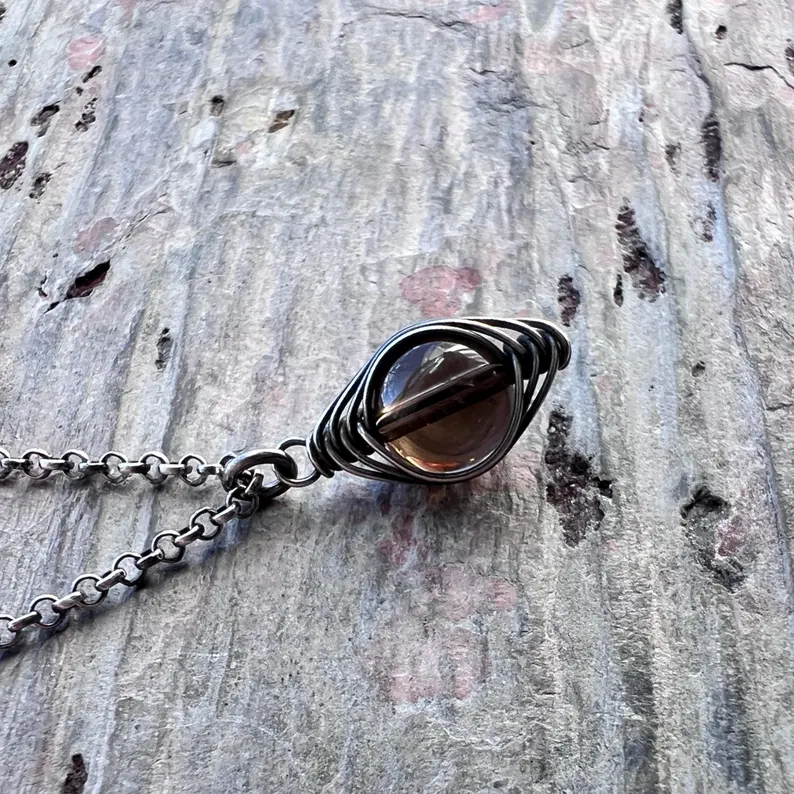 925er Silber Rauchquarz Halskette Naturstein Drahtgewickelter Anhänger Handgefertigter Schmuck