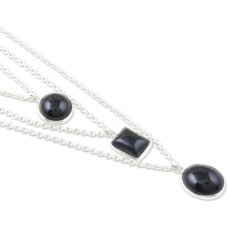 925er Sterlingsilber, 3-Strang-Halskette mit schwarzem Onyx-Anhänger, filigrane Halskette, böhmischer Schmuck, perfektes Geschenk für sie