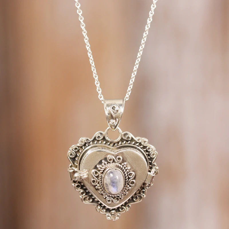 Herz-Medaillon-Anhänger-Halskette mit natürlichem Regenbogen-Mondstein aus 925er Sterlingsilber, handgefertigter böhmischer Schmuck, Jubiläumsgeschenk für sie und Mutter